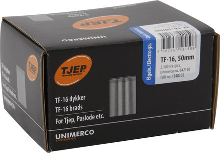 Tjep TF16 x 50 mm Brads 1,6 mm recht Verzinkt Doos a 2.500 stuks