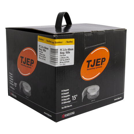 Tjep Coilnagels PC28/48 Tape gebonden 15&ordm;/16&ordm; Ring/RVS A4 Plat kop Doos a 2400 stuks