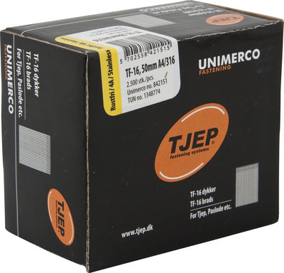 Tjep TF16 x 50 mm Brads 1,6 mm recht RVS A4 Doos a 2.500 stuks