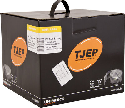 Tjep Coilnagels PC25/51 Tape gebonden 15/16º Ring/RVS A4 Plat kop Doos a 2.400 stuks