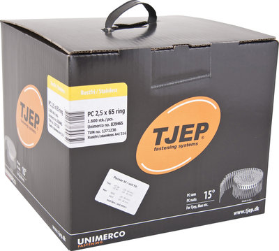 Tjep Coilnagels PC25/65 Tape gebonden 15/16º Ring/RVS A4 Lenskop Doos a 1.600 stuks