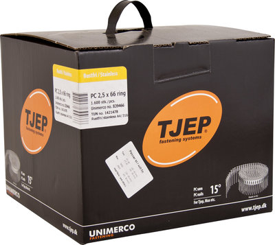 Tjep Coilnagels PC25/66 Tape gebonden 15/16º Ring/RVS A4 Plat kop Doos a 1.600 stuks