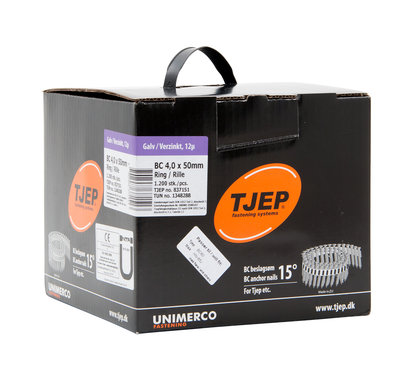 Tjep Coilnagels BC40/50 Tape gebonden ankernagels 15/16º Ring/Verzinkt Doos a 1.200 stuks