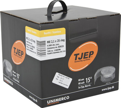 Tjep Coilnagels MX21/25 Mini tape gebonden 15/16º Ring/RVS A4 Lenskop Doos a 4.000 stuks