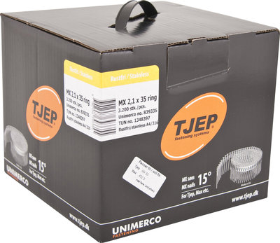 Tjep Coilnagels MX21/35 Mini tape gebonden 15/16º Ring/RVS A4 Lenskop Doos a 3.200 stuks