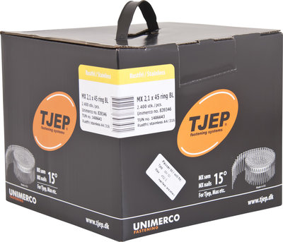 Tjep Coilnagels MX21/45 Mini tape gebonden 15/16º Ring/RVS A4 Lenskop Doos a 2.400 stuks