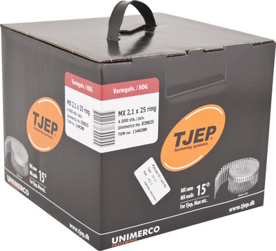 Tjep Coilnagels MX21/25 Mini tape gebonden 15/16º Ring/Thermisch verzinkt Doos a 4.000 stuks