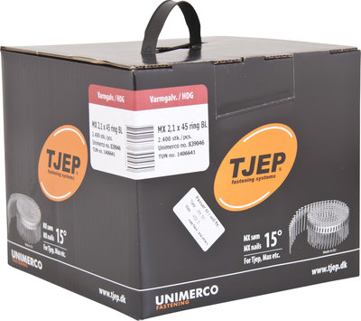 Tjep Coilnagels MX21/45 Mini tape gebonden 15/16º Ring/Thermisch verzinkt Stompe punt Doos a 2.400 stuks